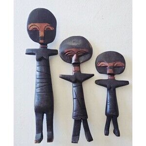 3 Wood Tribal Fertility Doll Statues Ghana African Kenya